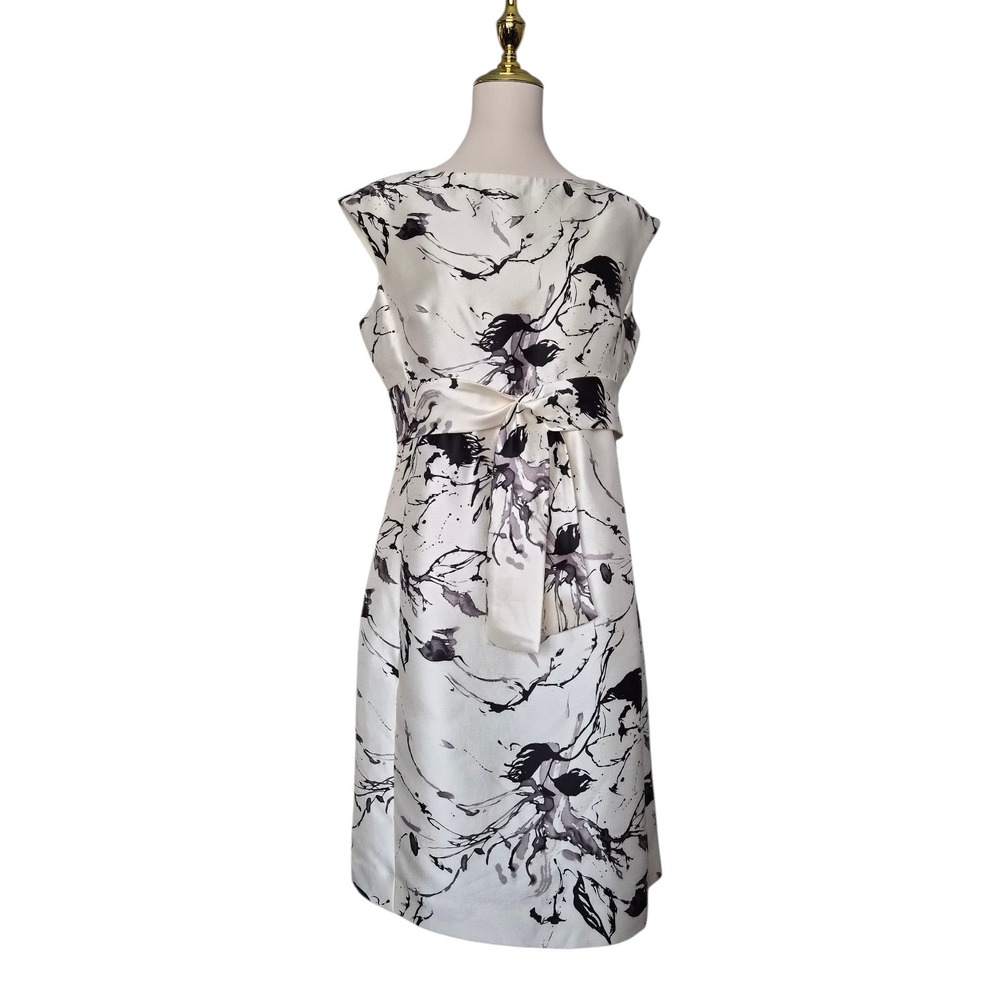 Rickie Freeman Teri‎ Jon Silk Wool Dress Ivory Black Floral Belted Size 10 New